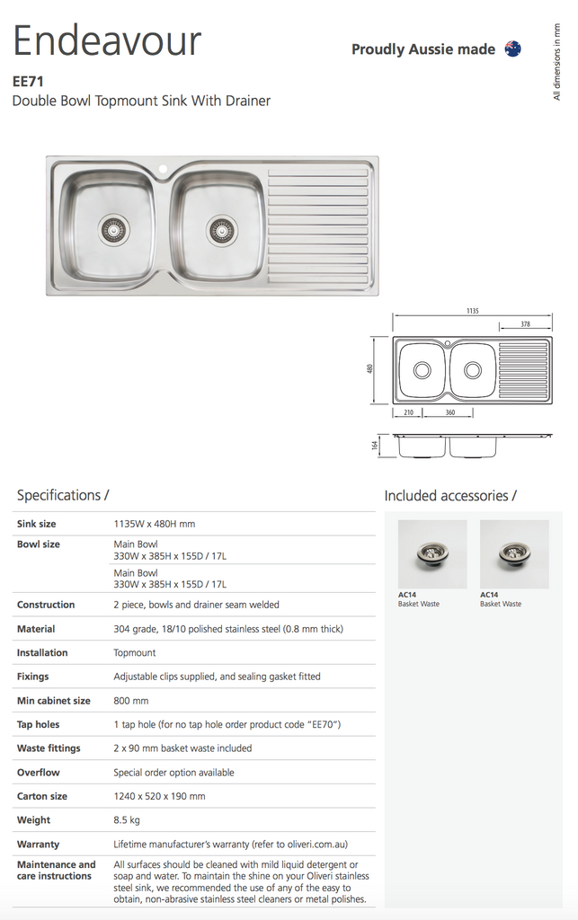 Oliveri Endeavour Double Bowl Sink With Drainer