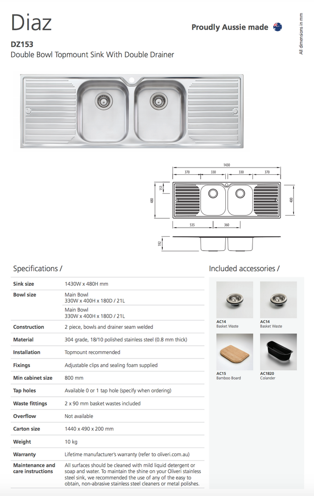Oliveri Diaz Double Bowl Sink With Double Drainer