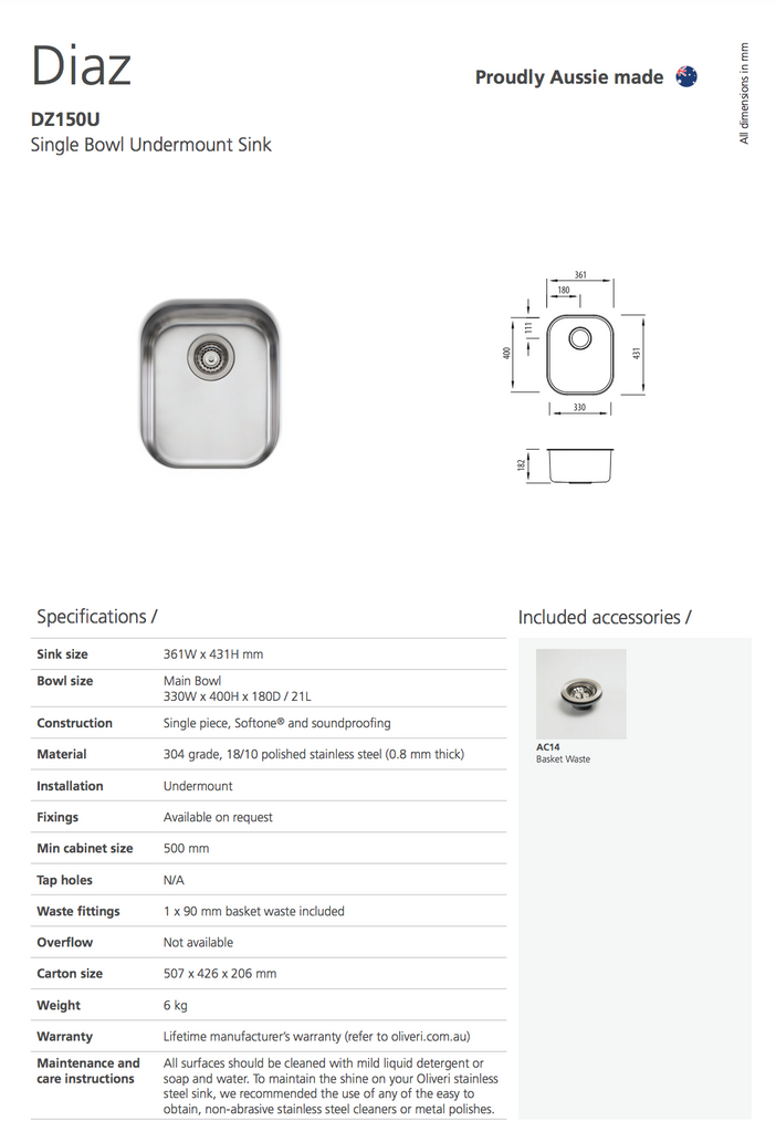 Oliveri Diaz Standard Bowl Undermount Sink
