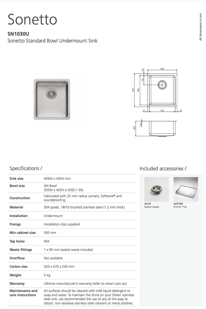 Oliveri Sonetto Standard Bowl Undermount Sink