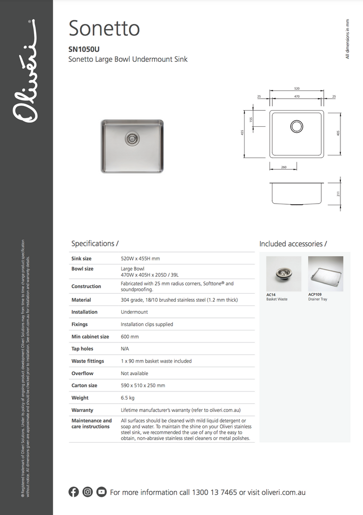 Oliveri Sonetto Large Bowl Undermount Sink