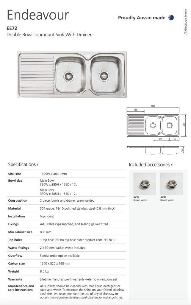 Oliveri Endeavour Double Bowl Sink With Drainer