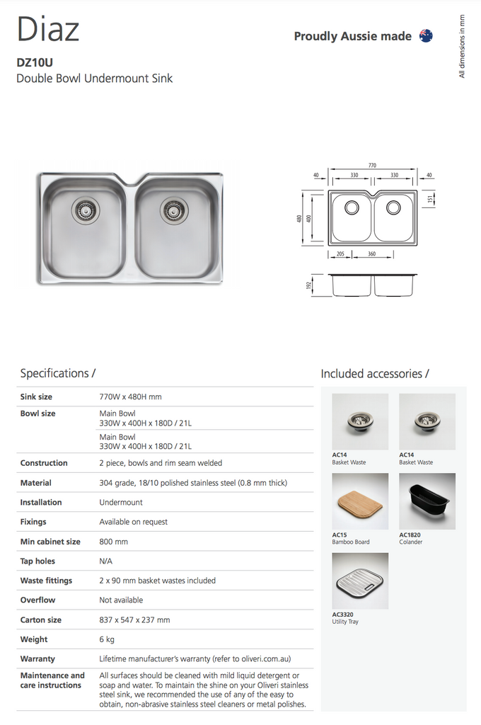 Oliveri Diaz Double Bowl Undermount Sink