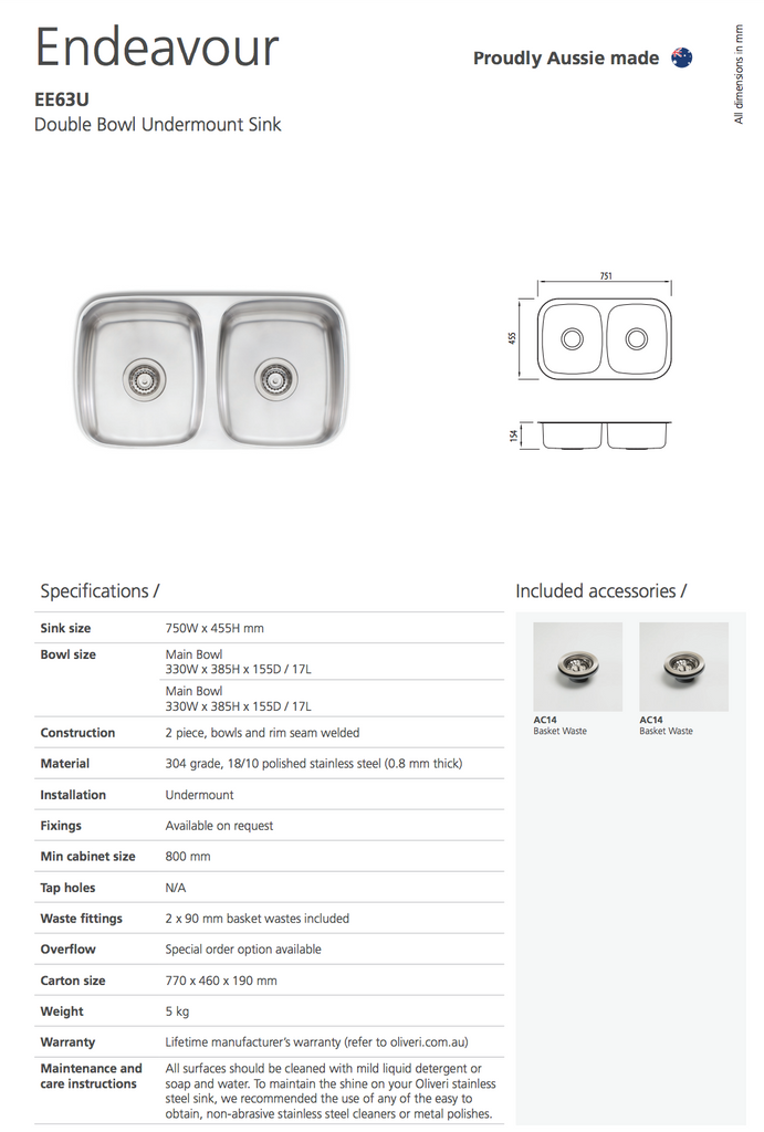 Oliveri Endeavour Double Bowl Undermount Sink
