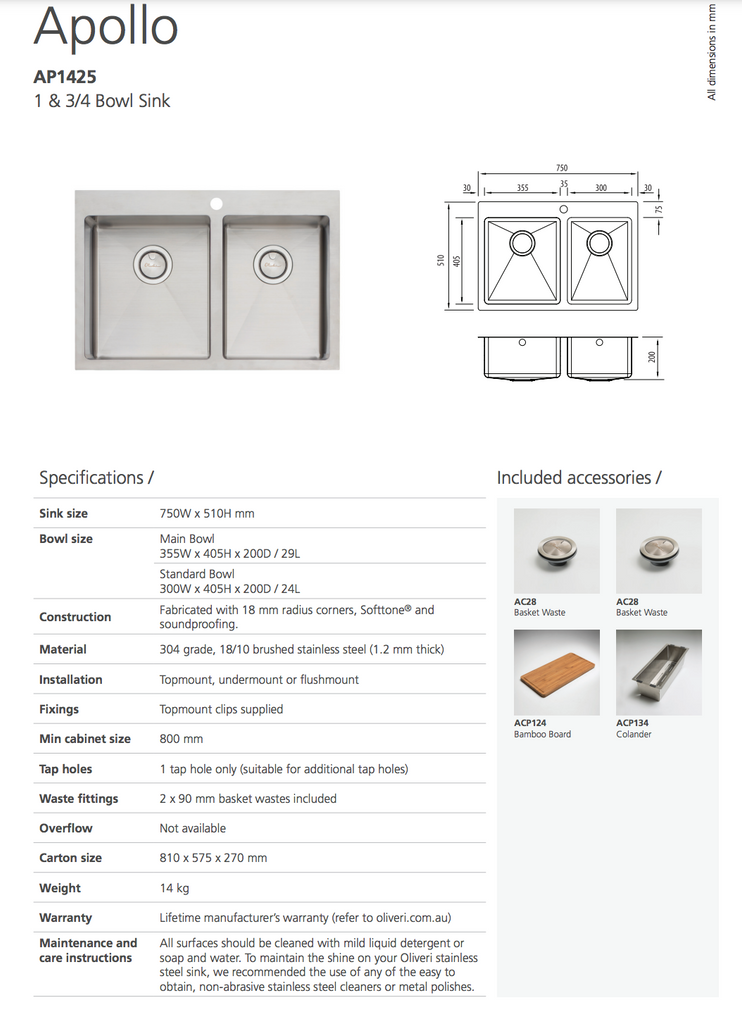 Oliveri Apollo 1 & 3/4 Bowl Sink