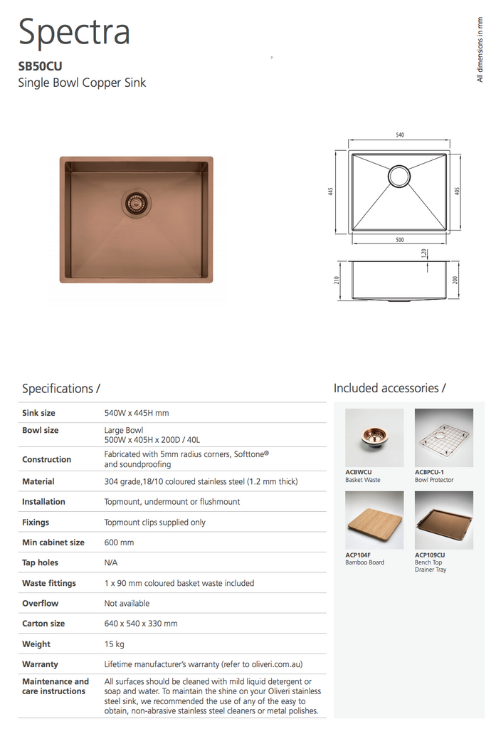 Oliveri Spectra Single Bowl Copper Sink