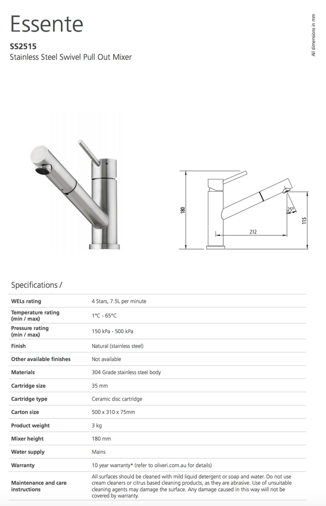 Oliveri Essente Stainless Steel Swivel Pull Out Mixer