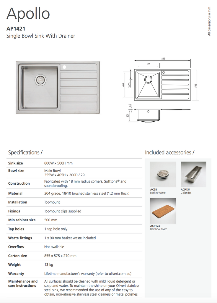 Oliveri Apollo Single Bowl Sink with Drainer