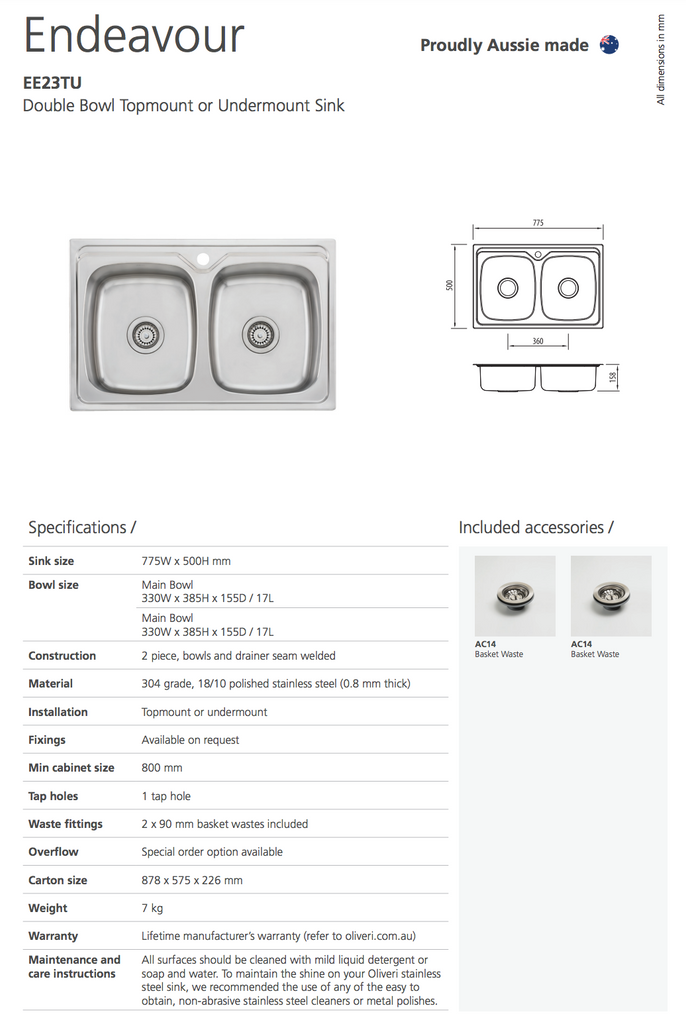 Oliveri Endeavour Double Bowl Universal Sink