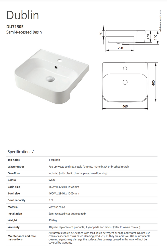 Oliveri Dublin Semi-Recessed Basin