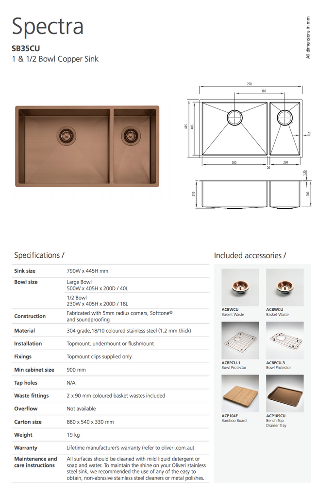 Oliveri Spectra 1 & 1/2 Bowl Copper Sink