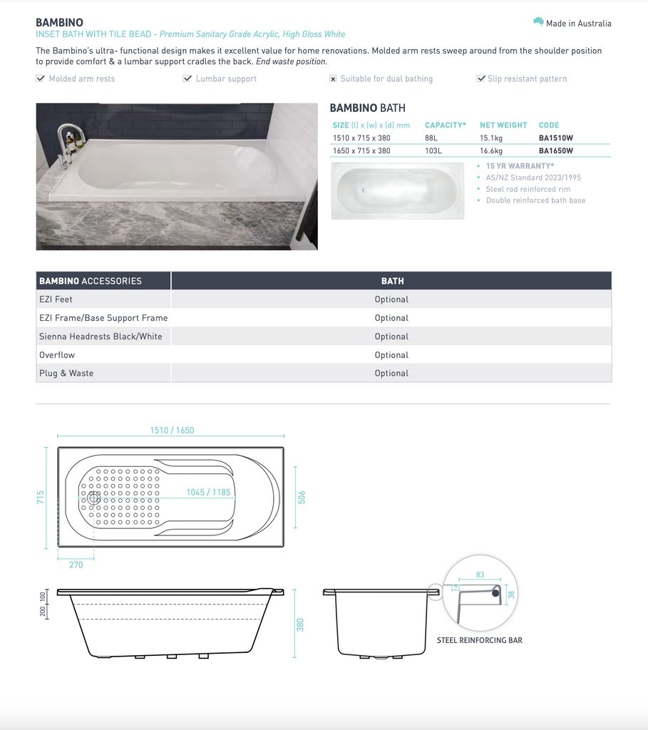 Decina Bambino Inset Bath 1510/1650mm - Gloss White