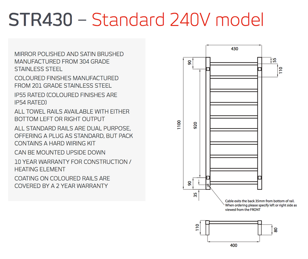 Radiant Heating Square Bars 240V Heated Towel Rails Matte Black 430 x 1100