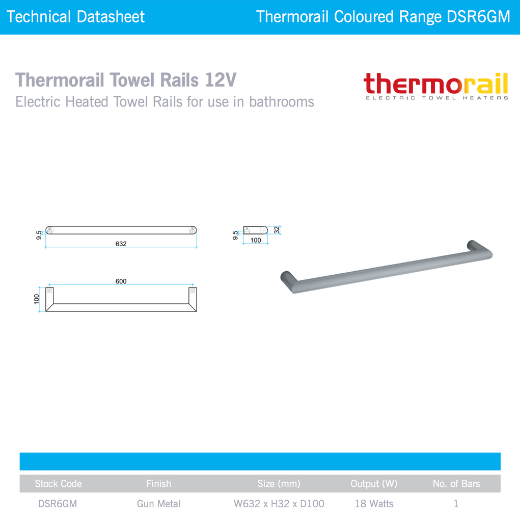 Thermogroup Round Single Bar Heated Towel Rail - Gunmetal Grey 632