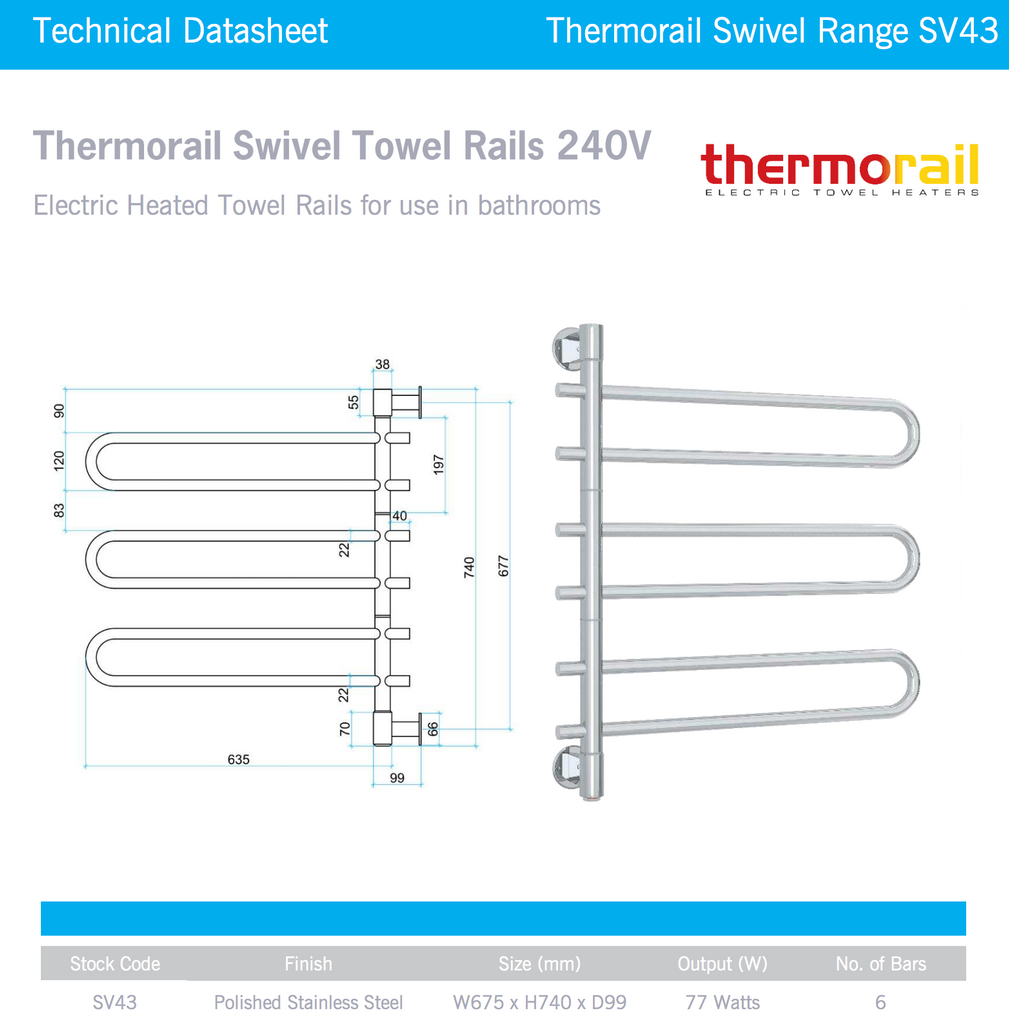 Thermogroup 6 Bar Straight Round Swivel Heated Towel Rail - Polished Stainless Steel