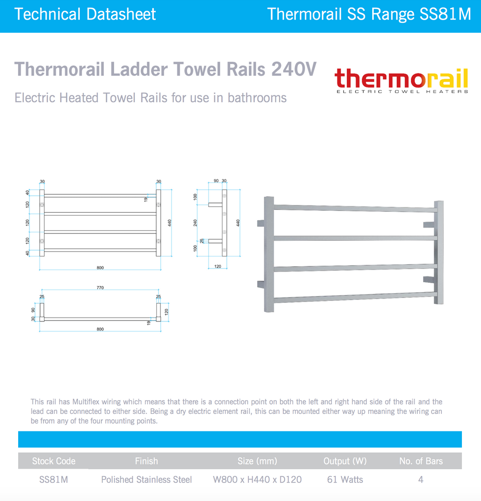 Thermogroup 4 Bar Straight Square Ladder Heated Towel Rail - Polished Stainless Steel