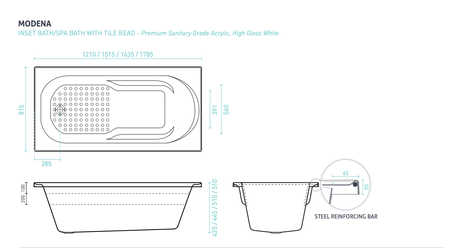 Decina Modena Dolce Vita 16 Jet Inset Spa Bath 1635/1785mm - Gloss Whi ...
