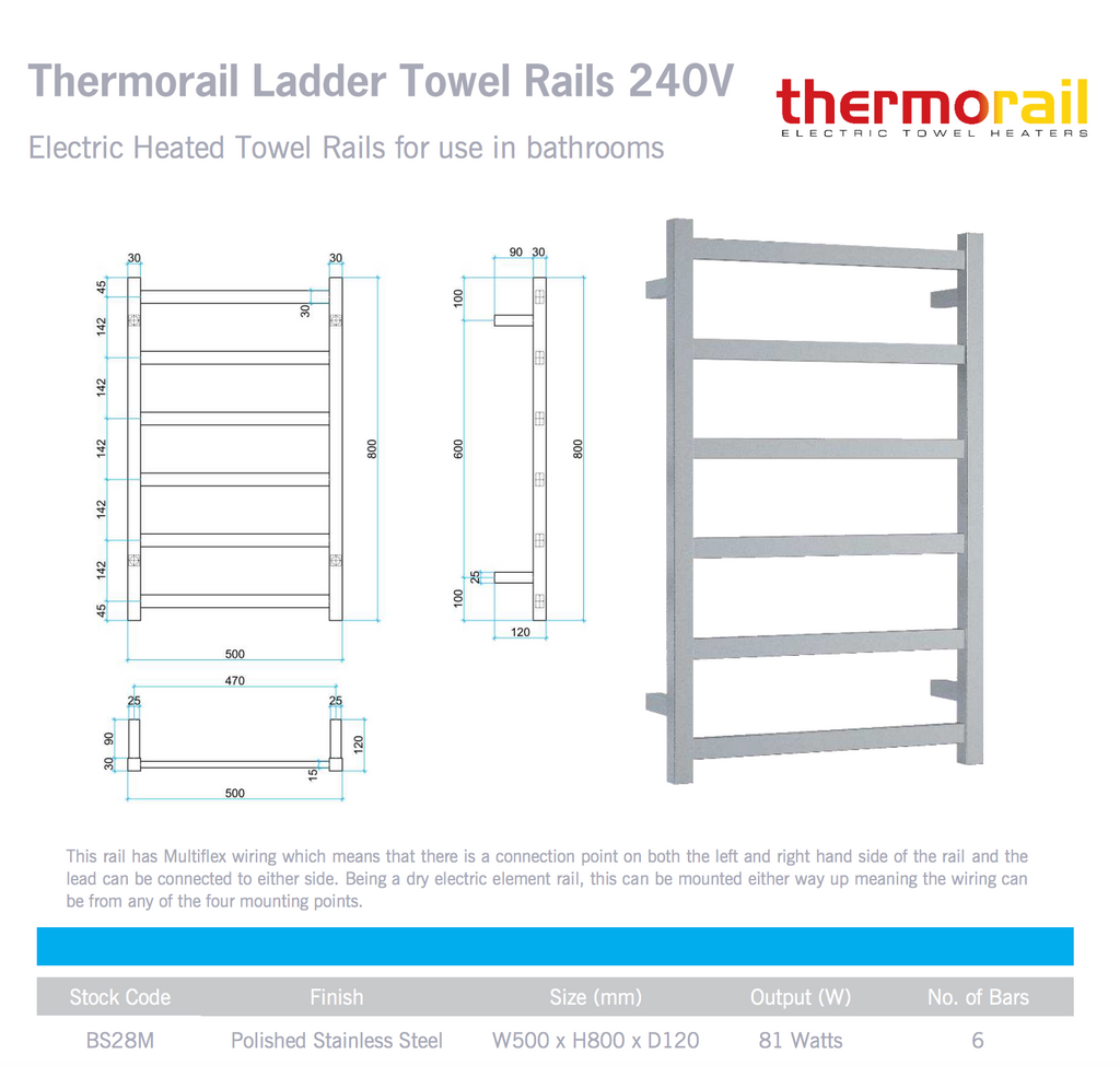 Thermogroup 6 Bar Straight Square Budget Heated Towel Rail - Polished Stainless Steel