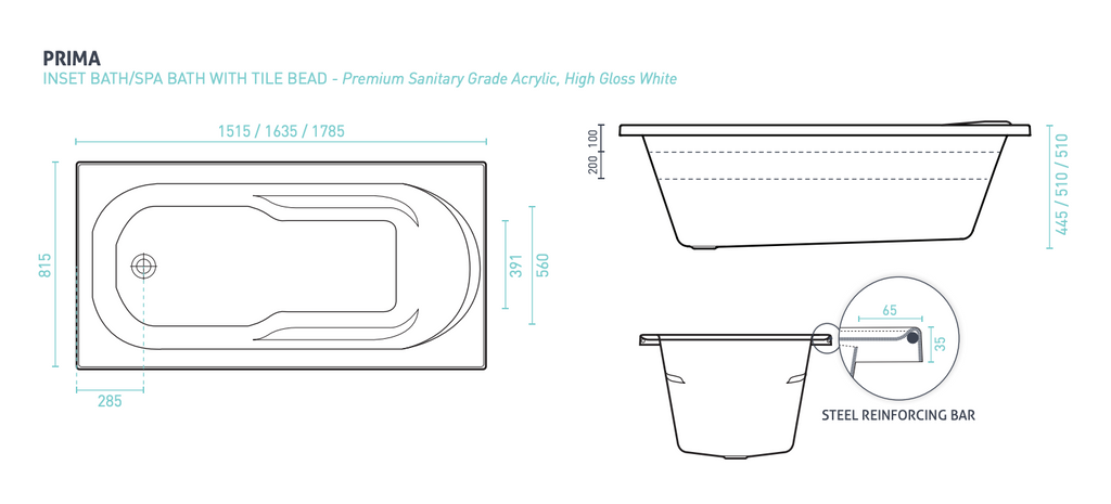 Decina Prima Inset Bath 1515/1635/1785mm - Gloss White