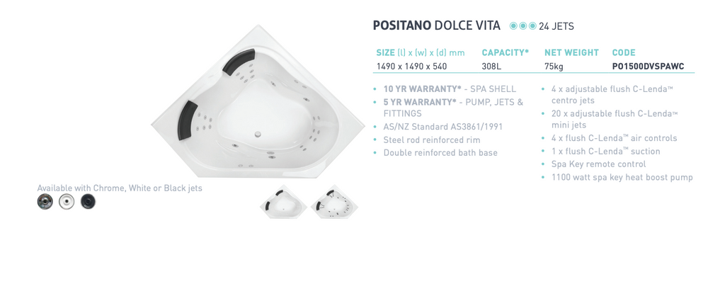 Decina Positano 24 Jet Spa Inset Corner Bath 1490mm - Gloss White