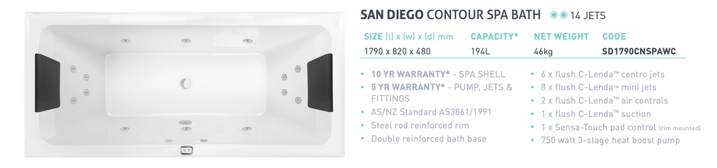Decina San Diego Contour 14 Jet Spa Inset Bath 1790mm - Gloss White
