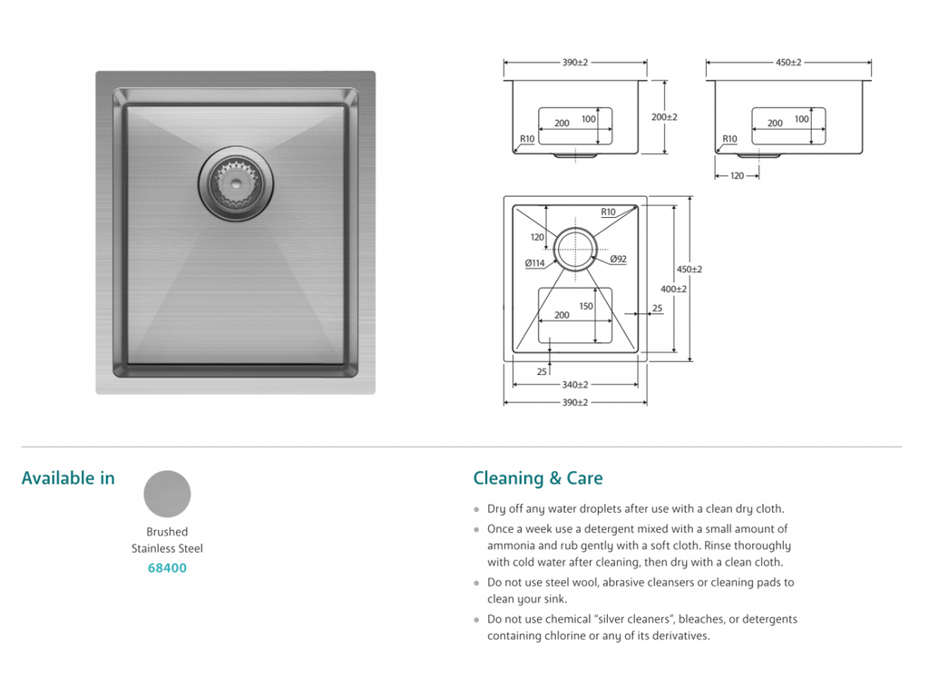 Fienza Hana 27L Single Kitchen Sink, Stainless Steel