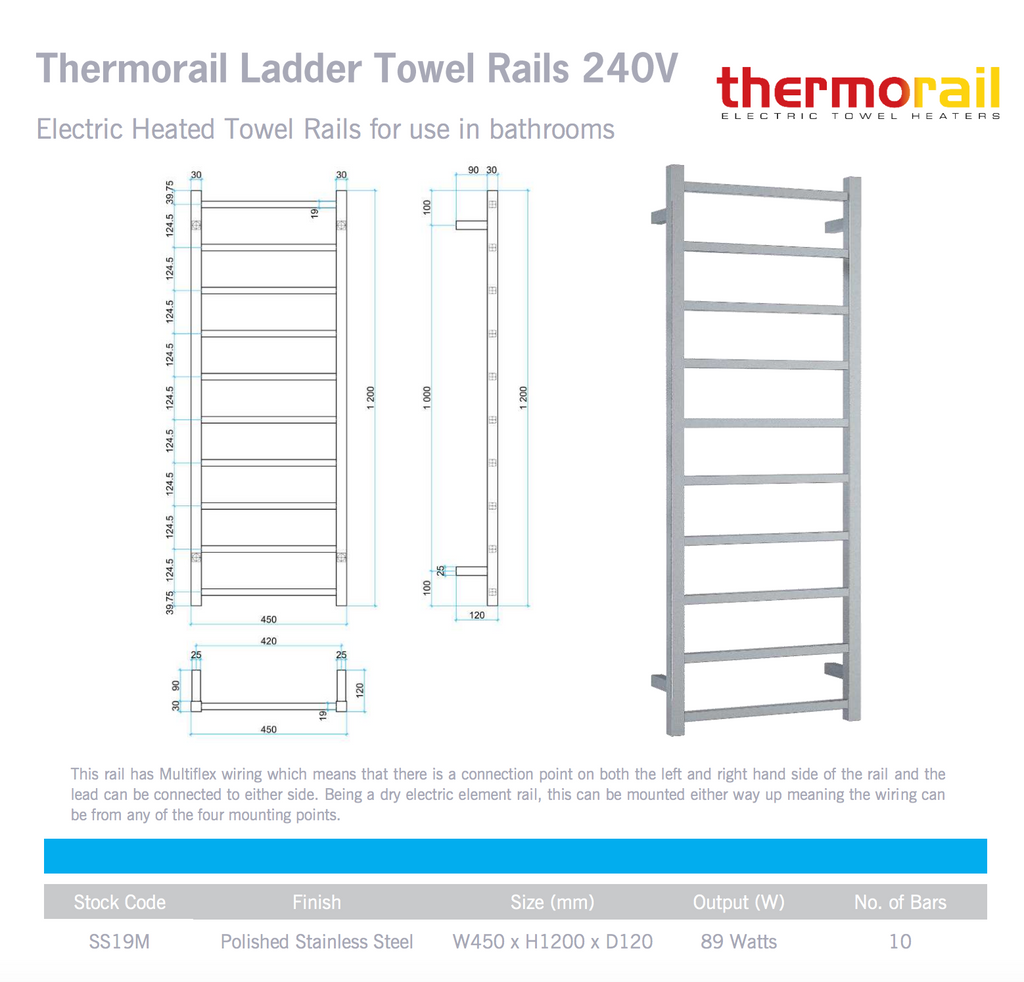 Thermogroup 10 Straight Square Ladder Heated Towel Rail - Stainless Steel