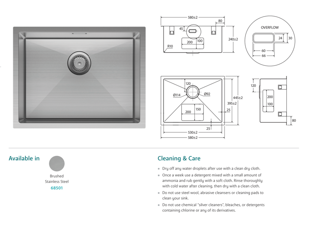 Fienza Hana 50L Laundry Sink with Overflow Stainless Steel