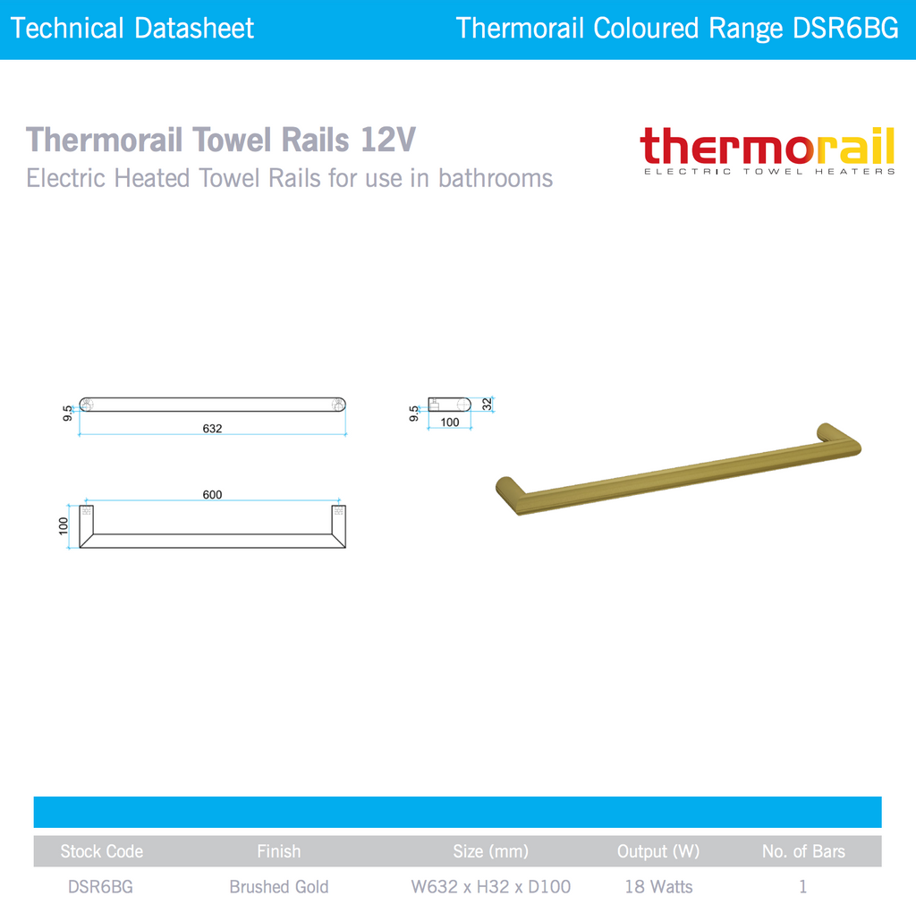 Thermogroup Round Single Bar Heated Towel Rail - Brushed Gold 632