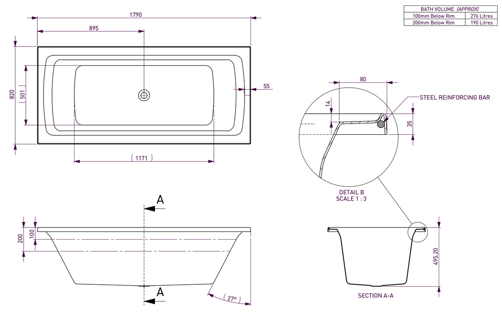 Decina San Diego Inset Bath 1790mm - Gloss White