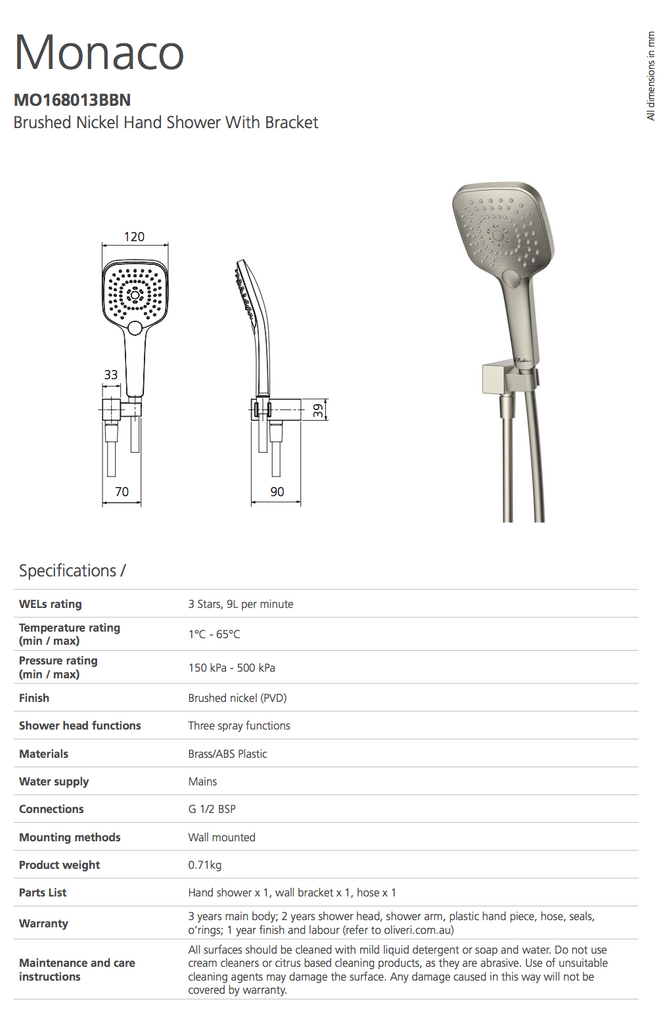 Oliveri Monaco Brushed Nickel Hand Shower With Bracket