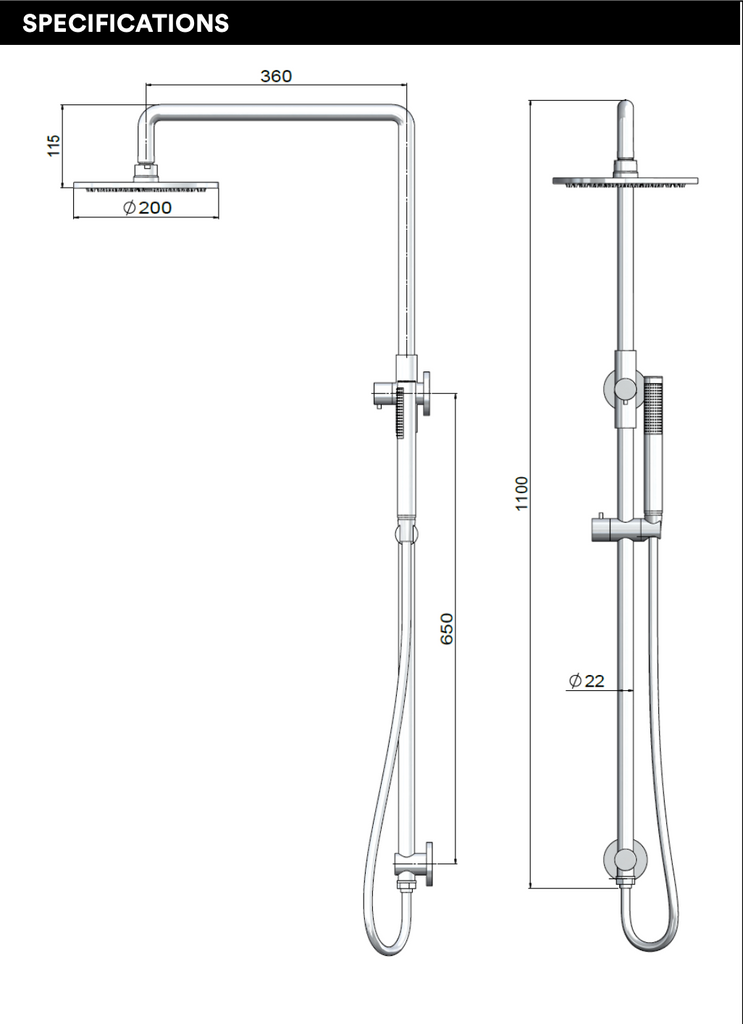 Meir Outdoor Combination Shower Rail - Stainless Steel 316