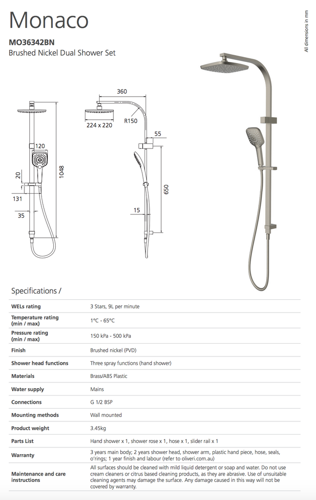 Oliveri Monaco Brushed Nickel Dual Shower Set