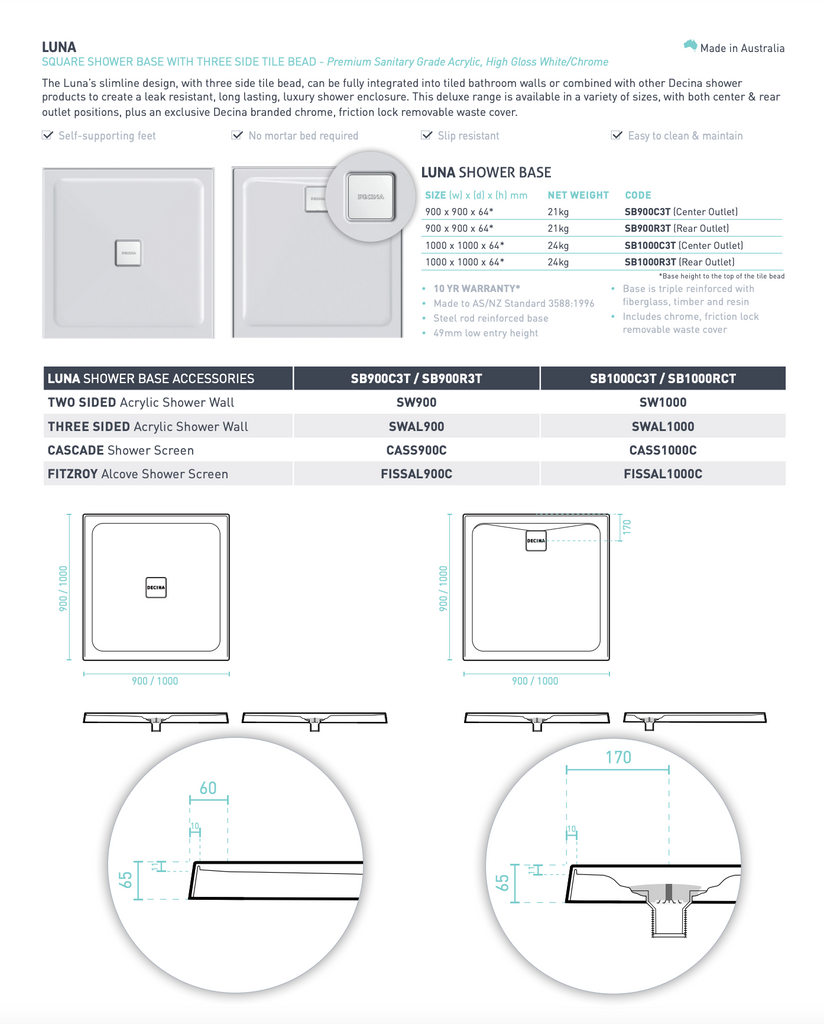 Decina Luna 900/1000mm Centre Waste Shower Base