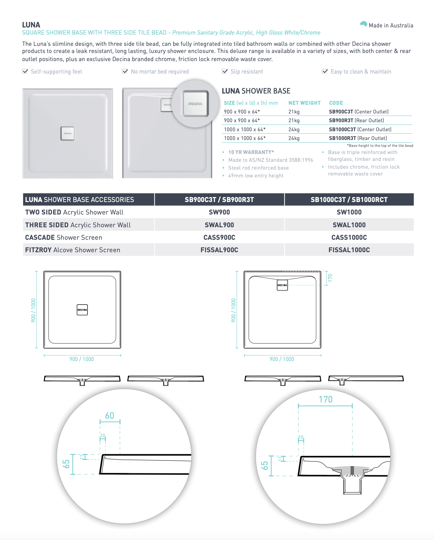 Decina Luna 900/1000mm Centre Waste Shower Base – Wellsons