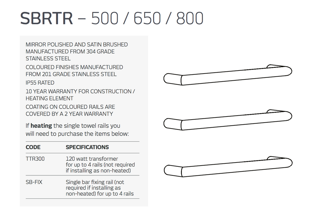 Radiant Heating Single Round Bar 12V Heated Towel Rail Matte Black 500