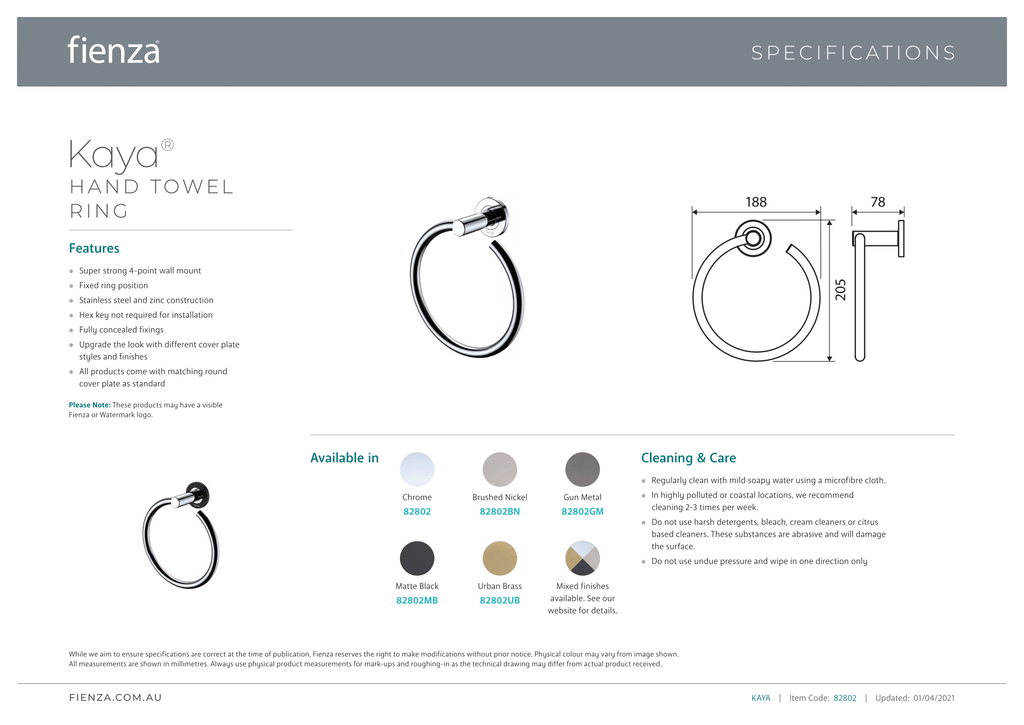 Fienza Kaya Hand Towel Ring - Chrome - Wellsons